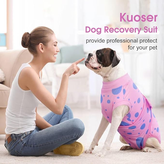 Kuoser Dog Surgery Recovery Suit, Anti Licking Pet Surgical Suit for Dogs Male Neuter, Female Dog Surgery Suit for Spay Subsititute E-Collar Cone, Dogs Body Suits After Surgery Pink Polka Dot 2XL