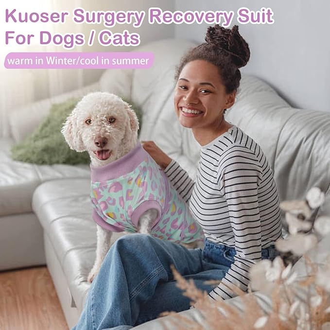 Kuoser Dog Recovery Suit for Dogs After Surgery,Professional Surgical Onesie for Female Male Dogs Spay Neuter,Soft Dog Surgery Suit Bodysuit for Abdominal Wounds Skin Disease,Light Purple Leopard XS