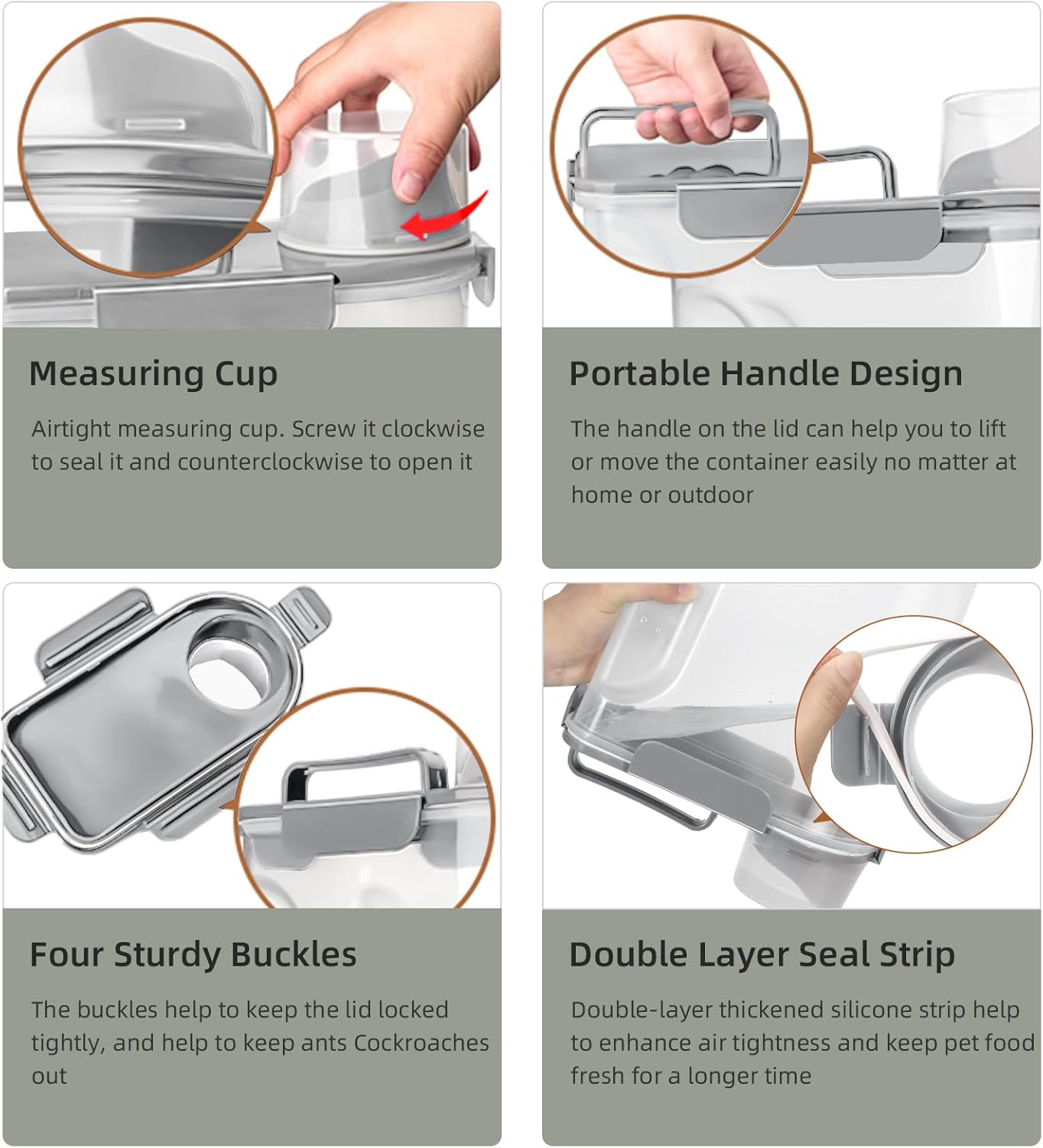 Dog Food Storage Container, Upgraded Large Nozzle BPA-free, 8-12 LBS Plastic Pet Food Storage Containers, With 4 Sealed Clasps, 1 Measuring Cup and Handle (1, Elegant Gray, 5L)