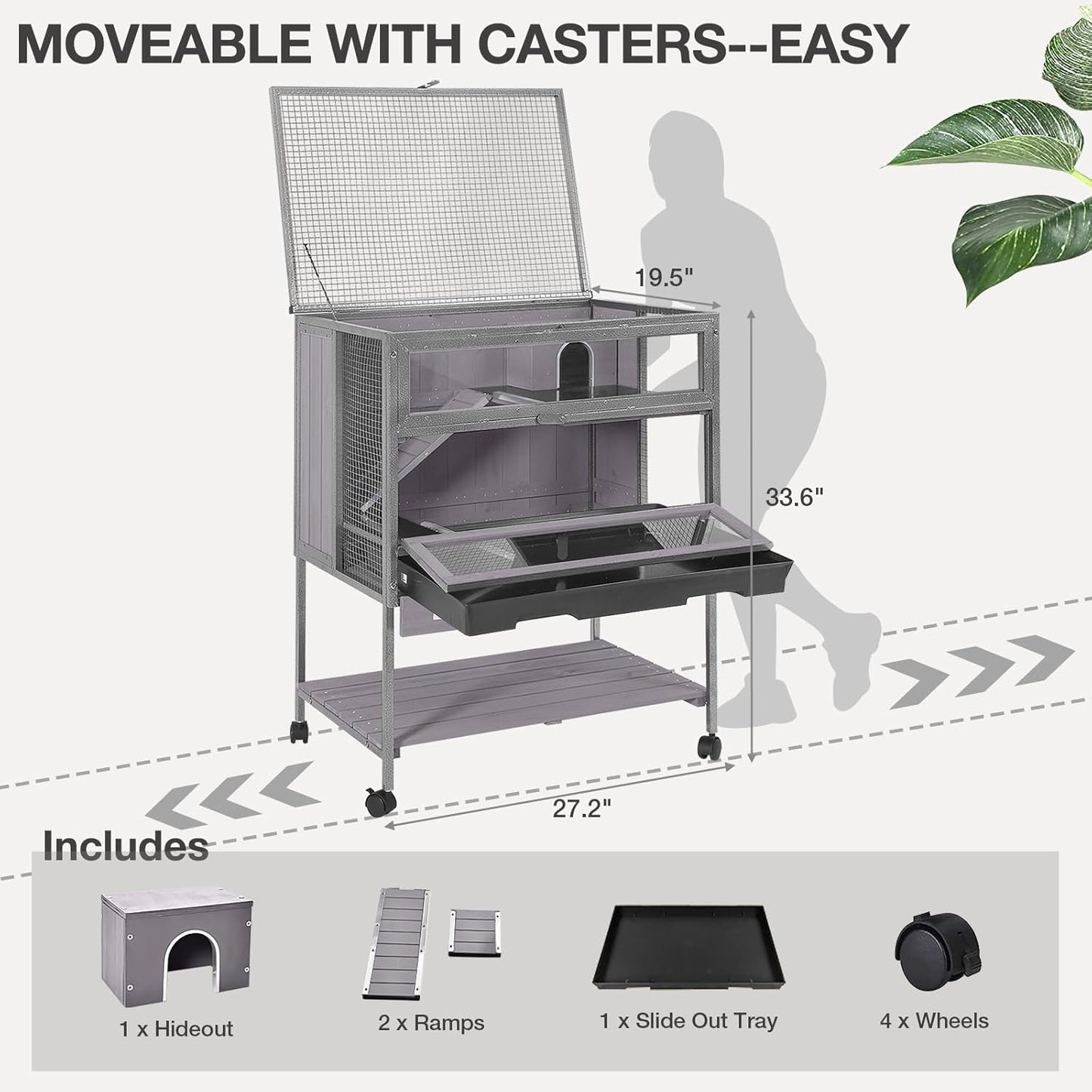 Guinea Pig Cage, Moveable Metal Frame Hamster Cage Anti-Chewing with Aluminium Alloy Edge, Hideouts, Ramps, Seesaws Chewing Toy, Deeper Pull-Out Leakproof Tray for Indoor Outdoor(Grey