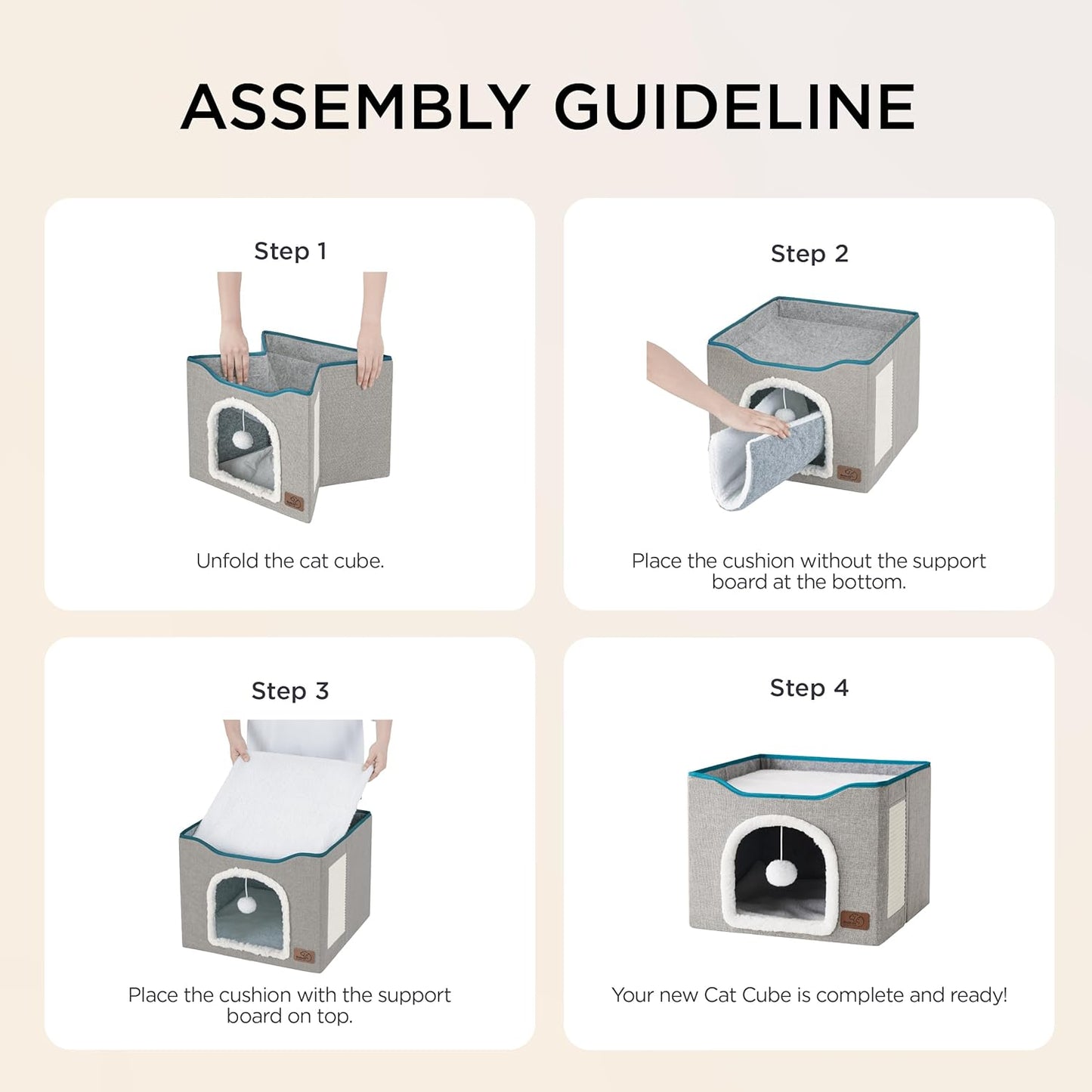 Bedsure Cat Beds for Indoor Cats - Large Cat Cave for Pet Cat House with Fluffy Ball Hanging and Scratch Pad, Foldable Cat Hideaway, 16.5x16.5x13 inches, Black