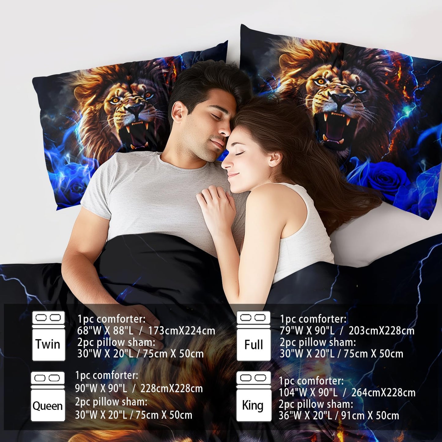 Lion Blue Comforter Set Queen,Lion Bedding Set Boys,Animal Print Comforter Bedroom Decor for Home,Vintage Floral Quilt,Blue Flower Bedding Adult,Tiger Quilt Bed Decor Teen