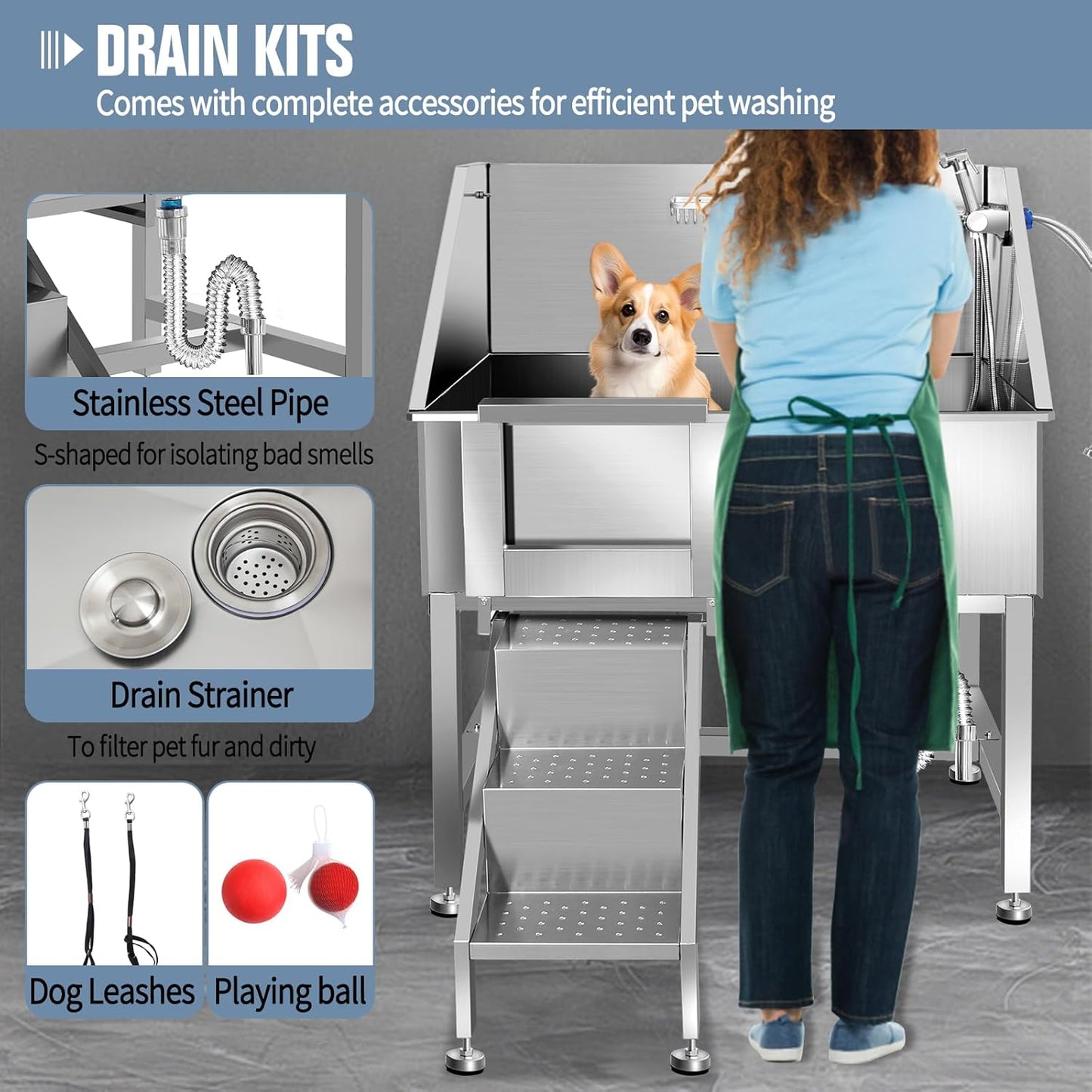 38" Pet Dog Bathing Station W/Ramp, Professional Stainless Steel Dog Grooming Tub W/Soap Box, Faucet,Rich Accessory, Dog Bathtub for Large,Medium,Small Pets, Washing Sink for Home,L-RAMP