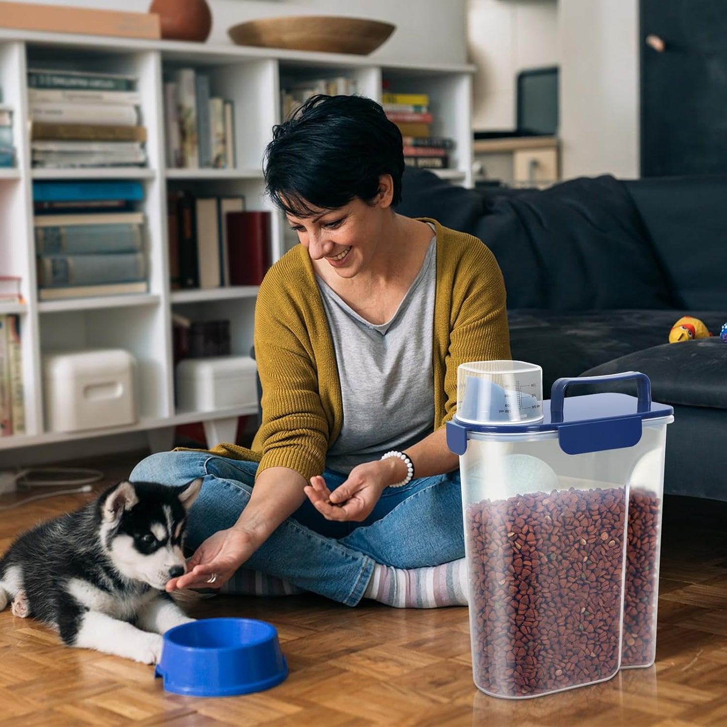 5Lbs Airtight Dog Food Container,Cat Storage Bin, Pet Dispenser BPA-FreeTranslucent Body Upgraded large nozzle for Small Animal Kibble, Bird Bird Seed, Oatmeal, Rice, Flour, Brown Sugart-Royal Blue
