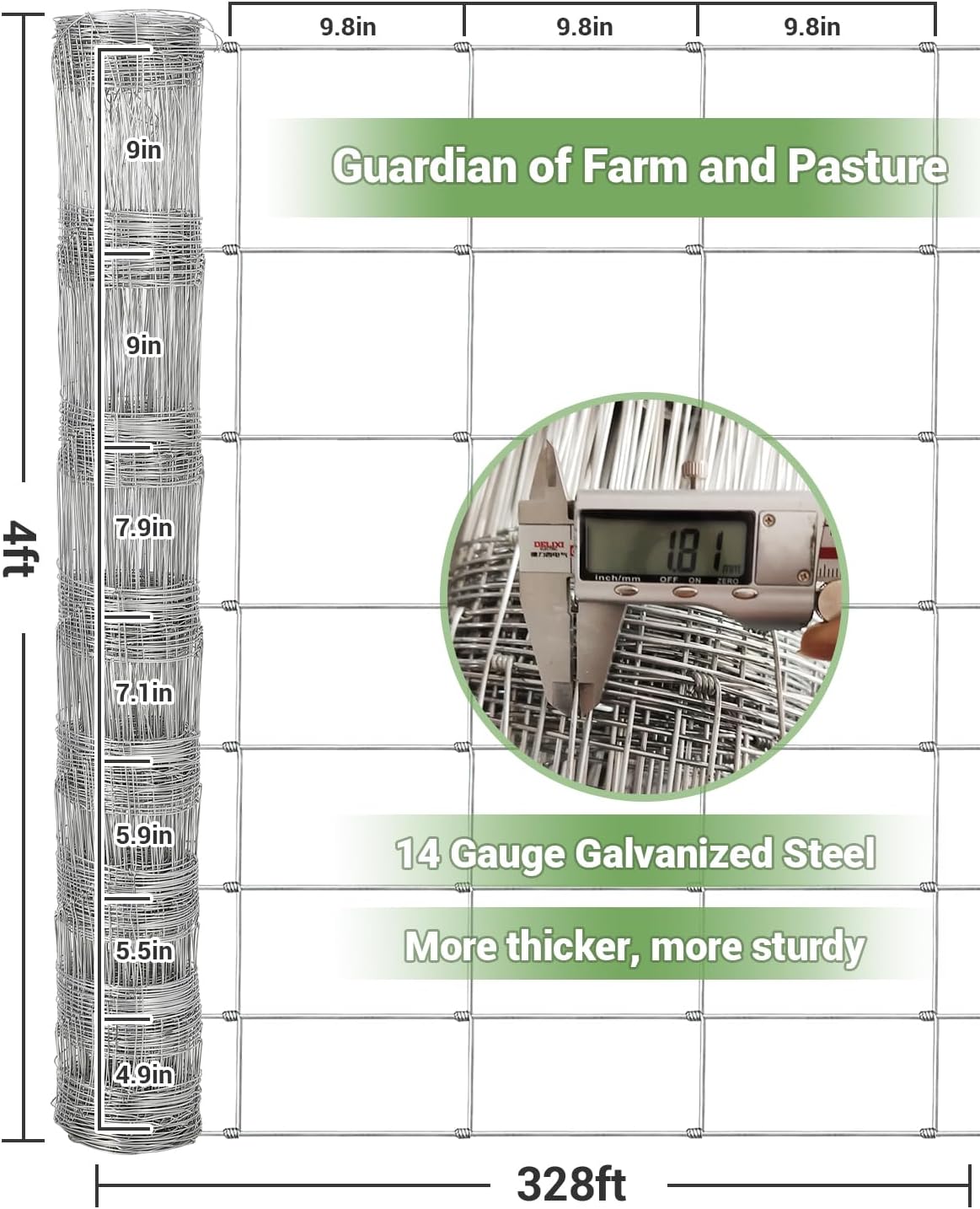 Cattle Farm Fence, 4ft x 328ft Galvanized Wire Fencing for Goat Deer Hog Yard Livestock Animals Protection