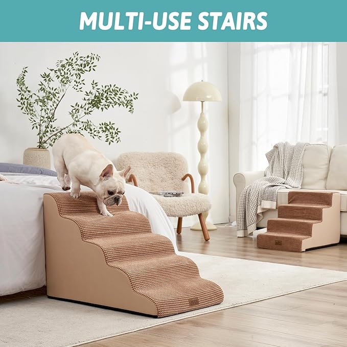 Extra Wide Dog Stairs 19.7" Width, Large Pet Step for Small Medium Dog, Puppy or Cat, Ramp for High Bed or Car, High Density Foam Ladder, Stable, 5 Step, 19.7x33x22.4 inch, Light Brown