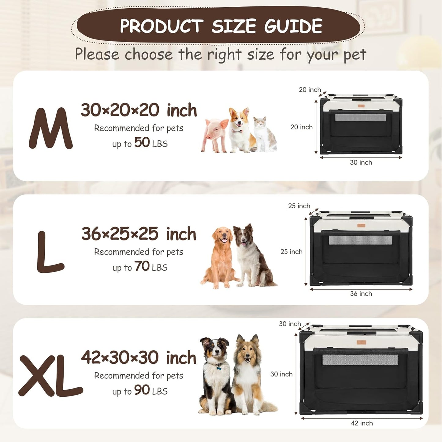 Dog Crate - Soft Pet Kennel for Dogs/Cats, 3-Door Breathable Travel Cage with Mesh Window, Portable Dog Kennel for Indoor & Outdoor,Black-M