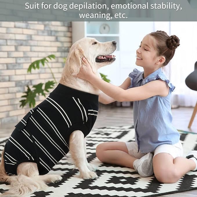 Kuoser Dog Surgery Recovery Suit for Female Male Dogs, Stripes Spay Neuter Anti-Licking Dog Onesie, Surgical Suit Snugly Pet Post Surgery Vest Bodysuit for Abdominal Wounds Skin Disease, Black L