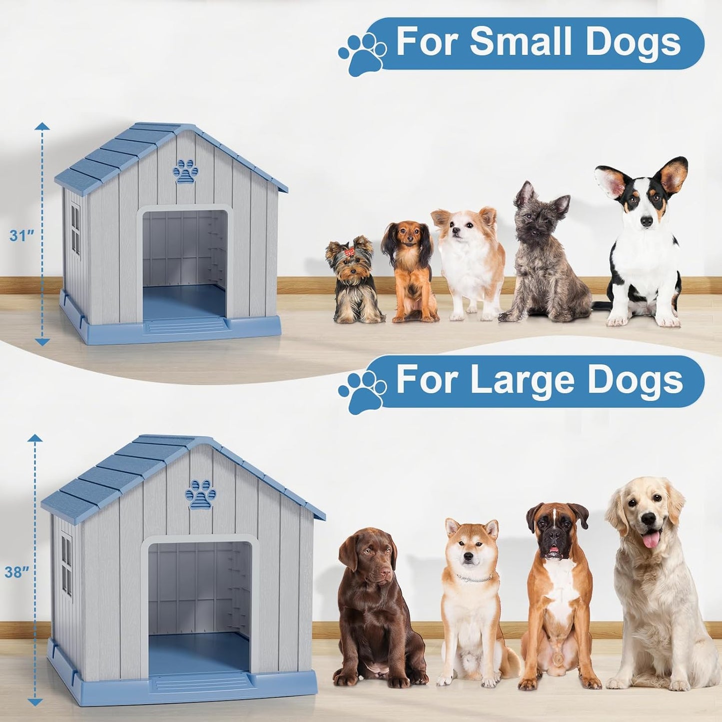 Dog House Indoor Outdoor for Small to Large Sized Dogs Resin Outdoor Dog House with Ventilation Puppy Shelter with Elevated Floor, Easy to Assemble, Blue
