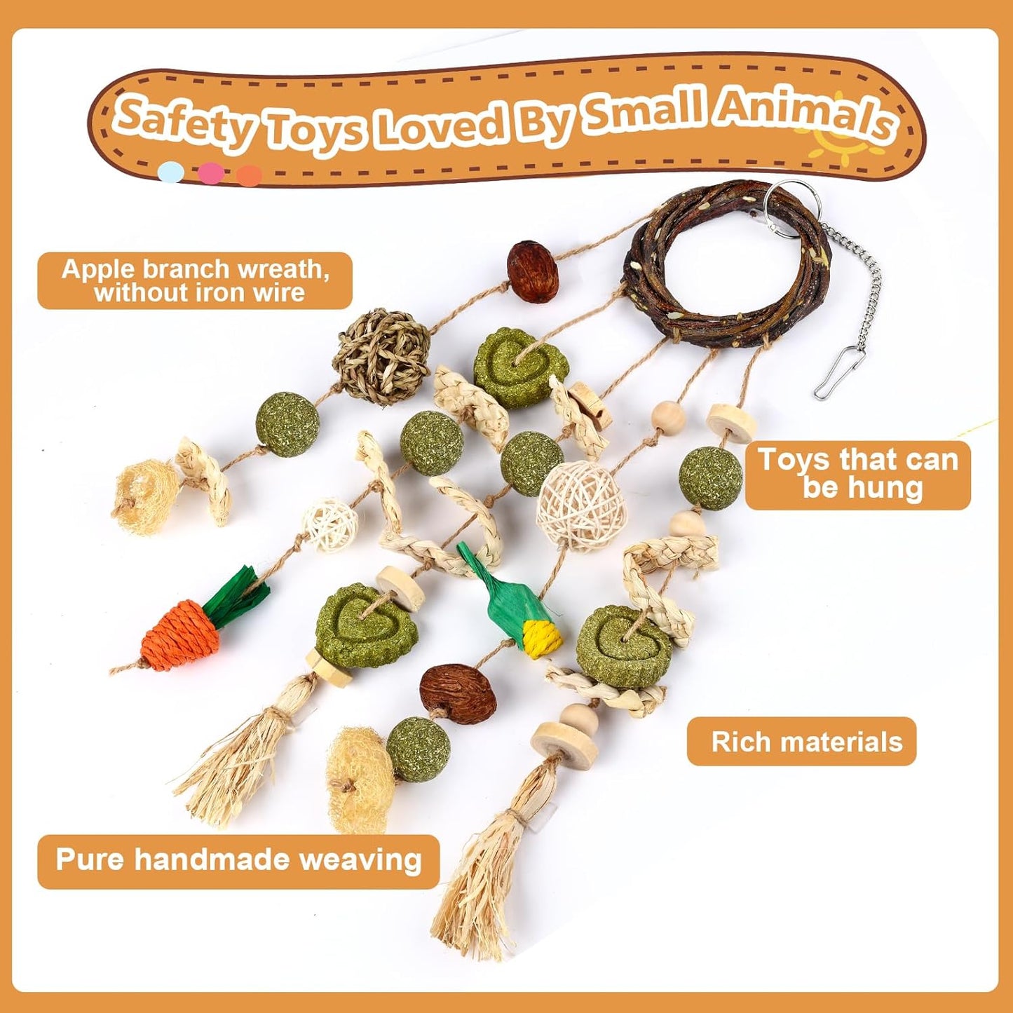 VESPRO Bunny Chew Toys, Rabbit Cage Hanging Chewing Toy and Treats Snack Ring, for Rabbits Chinchilla Guinea Pig Hamsters Grinding Teeth with Other Small Pets, Natural Materials Handwoven (5 Strings)