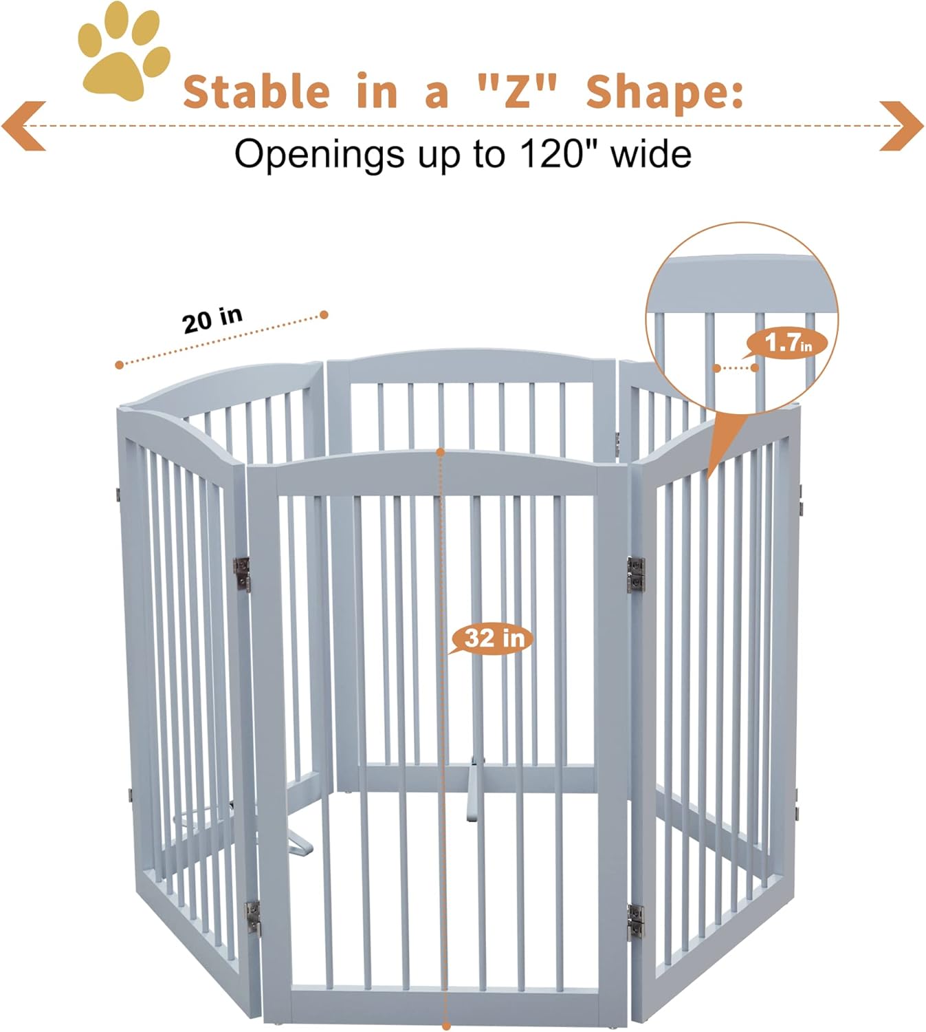 Freestanding Pet Gate for Dogs, Indoor Wooden Foldable Dog Gate for House, Extra Wide, Pet Fence for Stairs, Doorways, Halls, Support Feet Included, 120 Inch Wide, 6 Panels 32",Grey