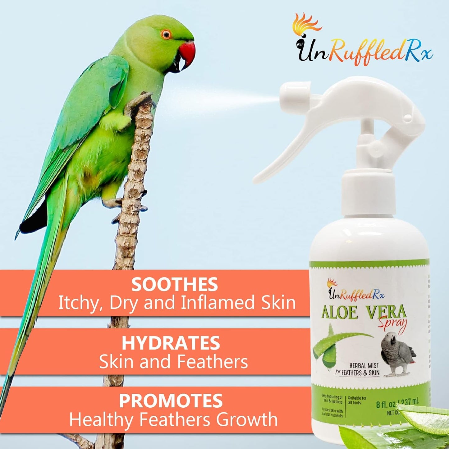 Aloe Vera Bird Spray for All Birds – Soothes Itchy Skin & Feather Plucking – 8oz Odor-Free Mist – Safe if Ingested, Daily Use – Softens Feathers – Natural Formula – Made in USA by UnRuffledRx™