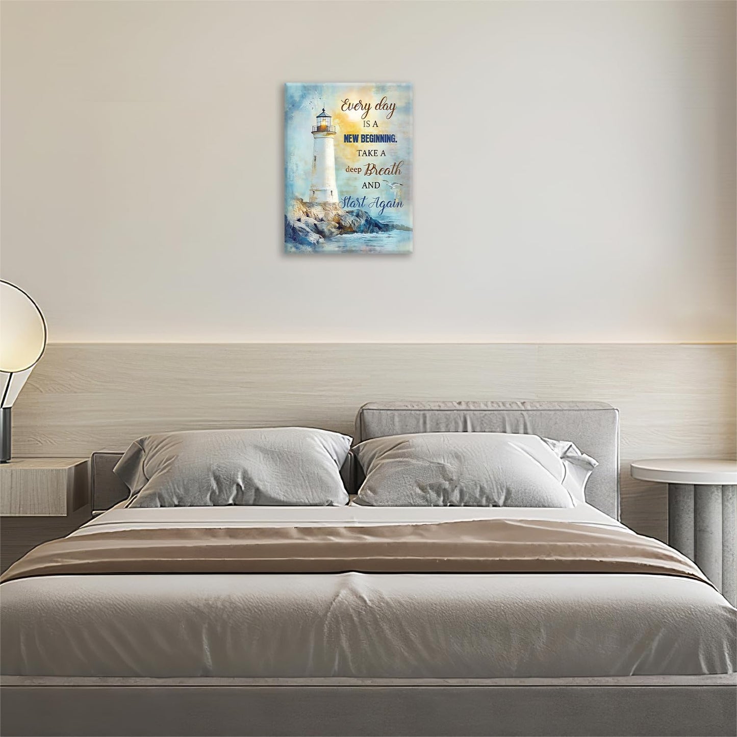 Ocean Lighthouse Pictures Wall Art, Coastal Nautical Bathroom Wall Decor Every Day is a New Beginning Motivational Quote Framed Painting Canvas Artwork for Bedroom Living Room Decorations 20"L x 16"W