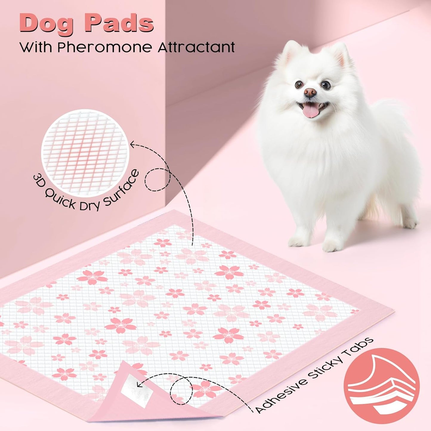 MIZOK Puppy Pads 22"x 22" with Leak-Proof Quick-Dry Design Pee Pads for Dogs Potty Training, 6-Layer Standard Absorbency Dog Pee Pads Regular Size, Pink Cherry Blossom Pattern (50 Counts)