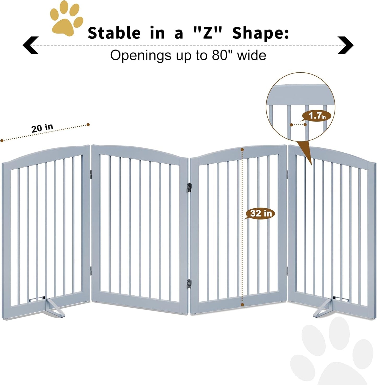 Freestanding Wooden Pet Gate - Foldable Indoor Dog Gate, 80 Inch Wide, 4 Panels, Grey