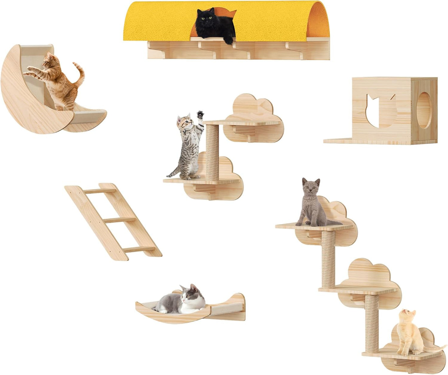 Cat Wall Shelves and Perches, Solid Wood Wall Mounted Cat Furniture, Set of 13 Cat Climbing Shelves with Moon Hammock, House, Wall Ladder, Scratching Post and Cat Tunnel