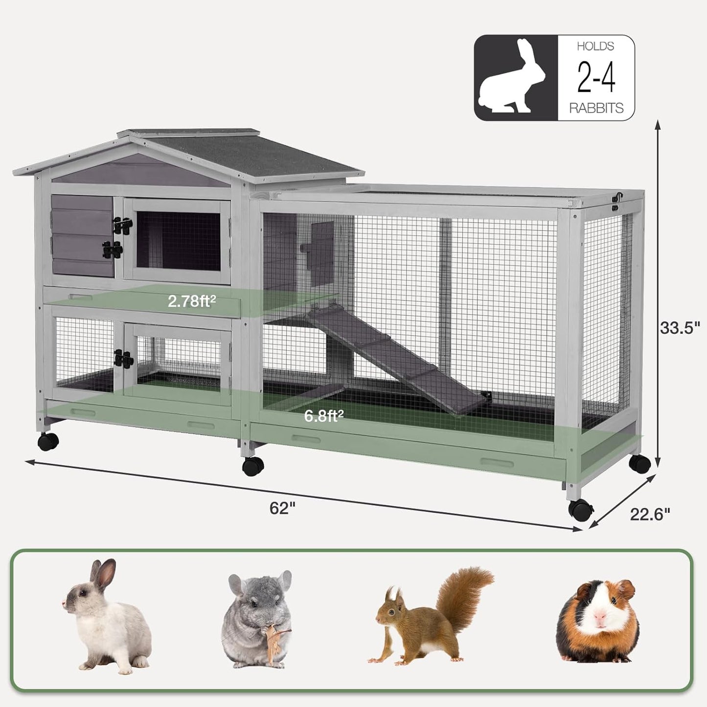 2-Story Indoor Rabbit Hutch with Chew-Proof Outdoor Rabbit Cage with 6 Locking Casters Bunny Cage 2 Pull-Out Trays Guinea Pigs Cage 62"