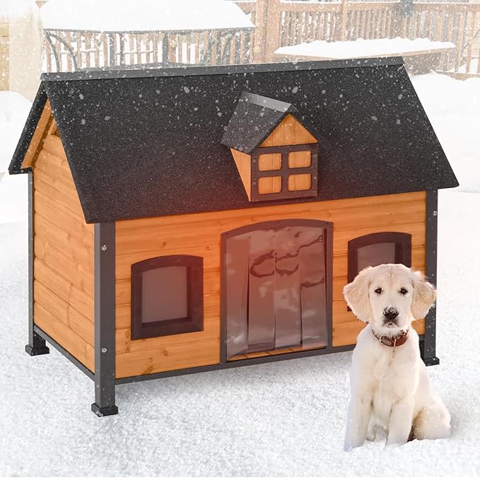 Aivituvin Dog House with Insulated Liner Anti-Chewing Metal Frame Design Insulated Wooden Dog Kennel with Unique Design Roof, Weatherproof Dog House for Outdoor Indoor
