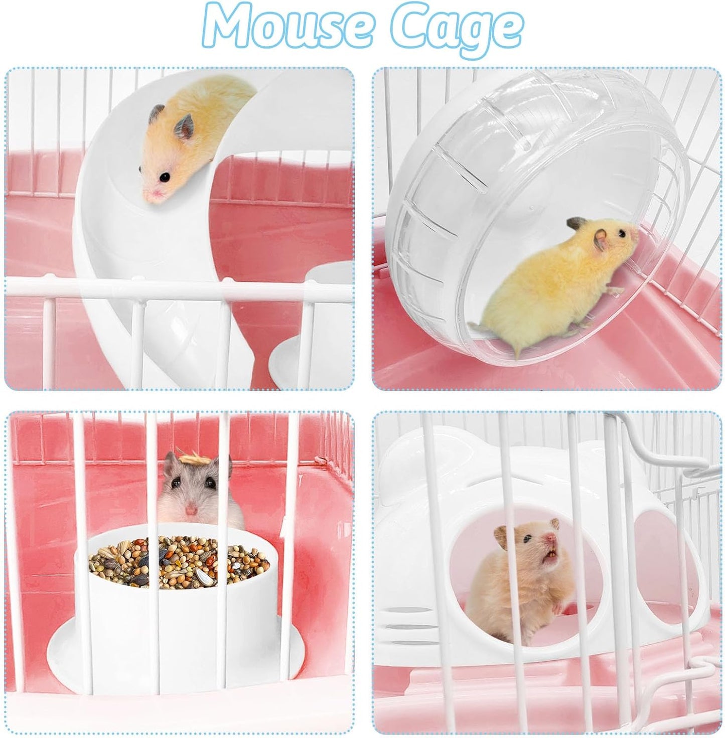 PINVNBY Dwarf Hamster Cage, Small Animal Cages, 2-Tier Travel Portable Mouse Cage Hamster Carrier with Castle House Running Exercise Wheels, Water Bottle and Food Dis(Pink)