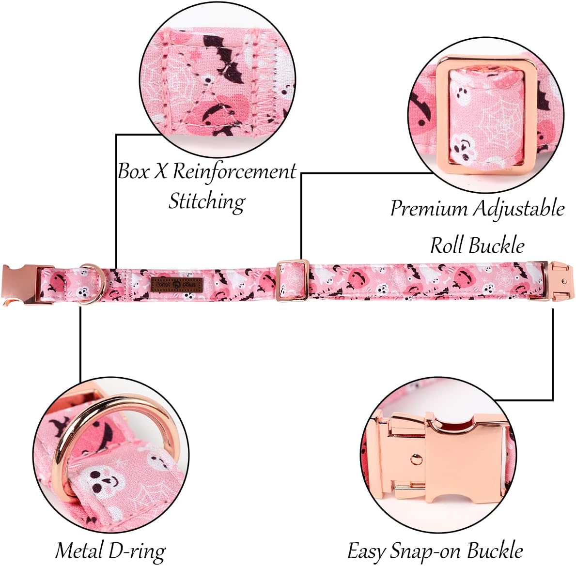 Lionet Paws Halloween Dog Collar, Cute Fall Pink Dog Collar for Medium Dogs, Adjustable Cotton Pumpkin Ghost Pet Collars for Small Medium Dogs