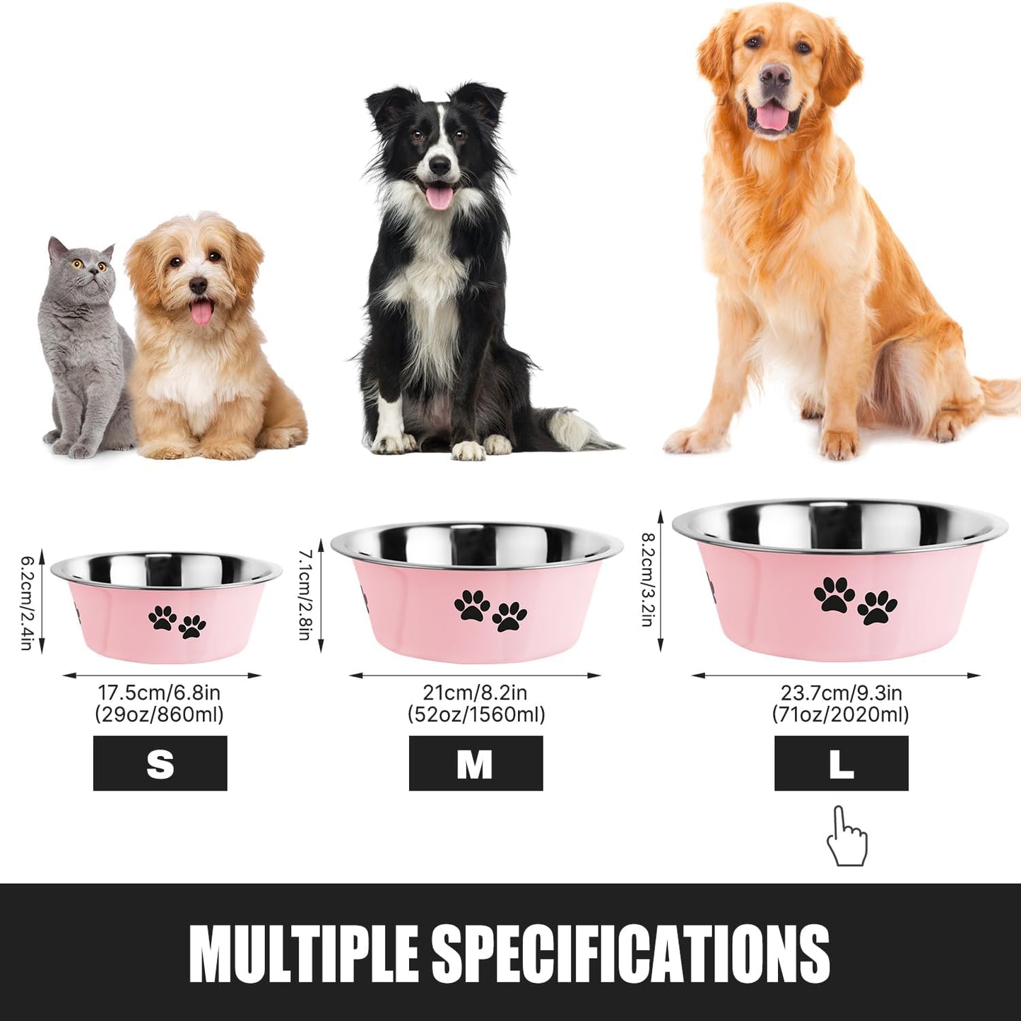 Stainless Steel Dog Bowls, Nonslip Rubber Bottom No Spill Proof Skid Metal Insulated Dog Bowls for Large Medium Small Breed Dogs (Pink, 8.5 Cups/71 OZ)