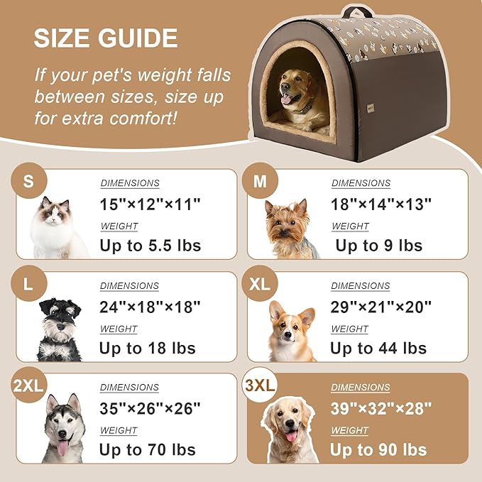 Jiupety 2 in 1 Dog House Indoor, Comfy Cave Bed Covered Dog Bed, Portable House for Large Dogs, 3XL(39"×32"×28"), Up to 90 Lb, Brown
