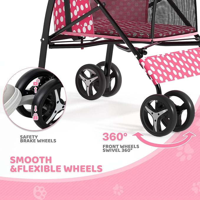 Magshion Compact Pet Stroller for Small-Medium Dogs/Cats up to 22lbs, 4-Wheel Lightweight Umbrella Shaped Portable Puppy Travel Jogger with Breathable Mesh & Rear Storage, Pink Polka Dots