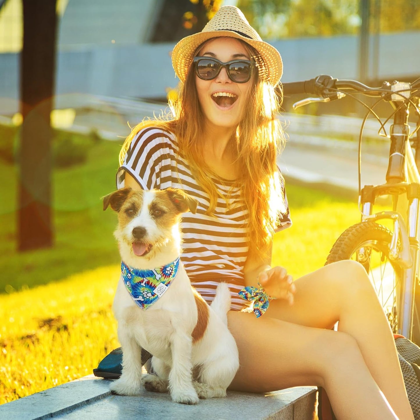 E-Clover Rainbow Dog Bandanas & Matching Scrunchie Set Girl Cute Pride Dog Scarf Bibs Pet Bandana with Bow Tie for Small Dogs Puppy Owner Mom Spring
