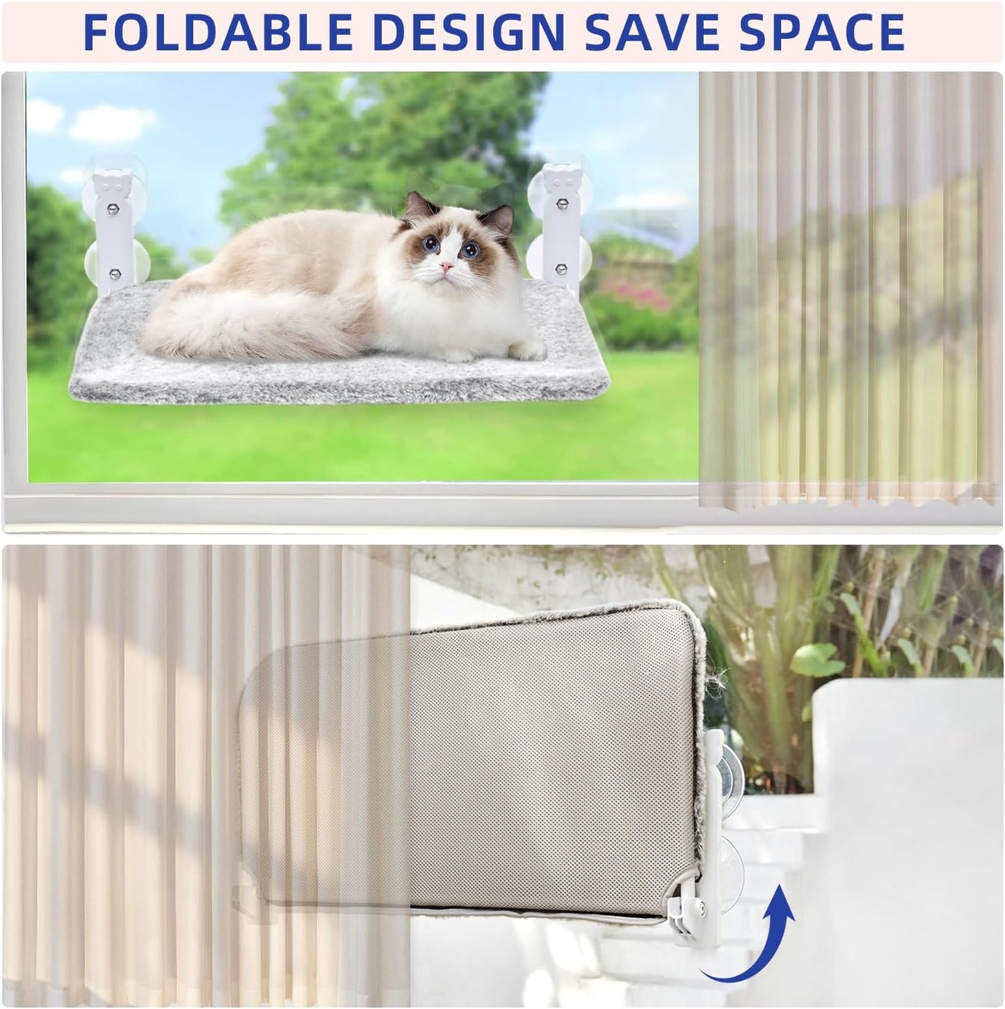 pettycare Cat Window Perch, Cordless Cat Window Hammock Bed with 4 Strong Suction Cups, Foldable Kitten Balcony Seat for Inside Hold Up to 40lbs, Solid Metal Frame and Soft Reversible 2 Fabrics Cover