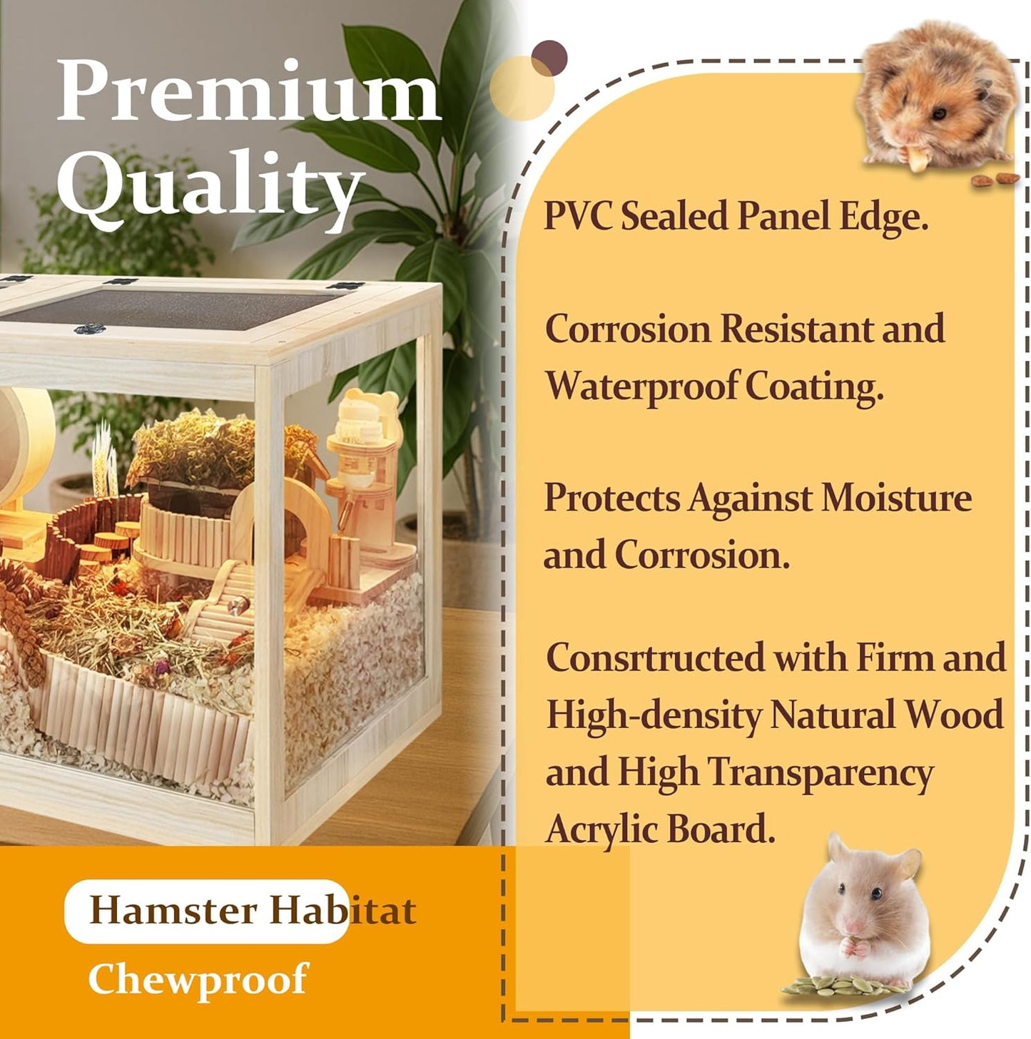 Prolee Hamster Habitat Chewproof,Wooden Hamster Cage with Openable Metal Mesh Top,Gerbil Cage with Lock Design for Hamster House (32"x16"x16")