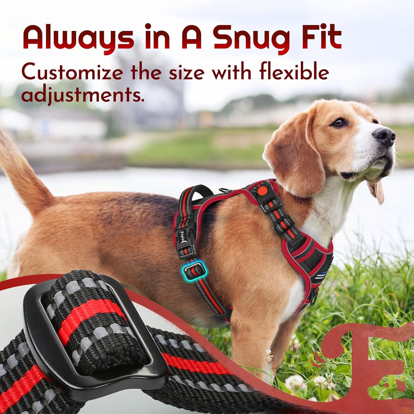 Eagloo Dog Harness for Large Dogs, Easy Wearing with 3 Buckles, Adjustable No Pull Pet Harness with 2 Rings for Walking, No Chock Reflective Soft Padded Vest with Control Handle, Black & Red, L