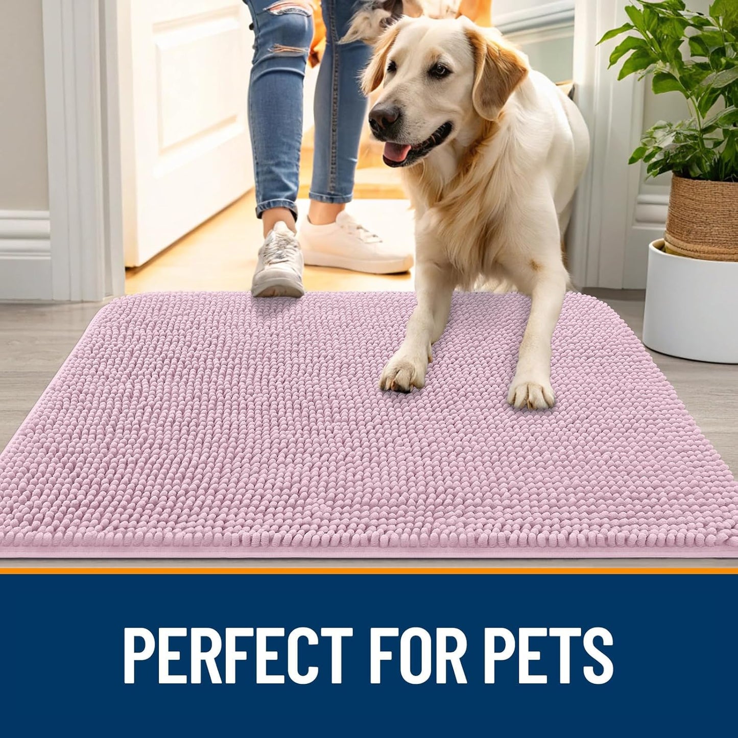 OLANLY Dog Door Mat for Muddy Paws 47x20, Absorbs Moisture and Dirt, Absorbent Non-Slip Washable Doormat, Quick Dry Chenille Mud Mat for Dogs, Entry Indoor Entryway Carpet for Inside Floor, Dusty Rose