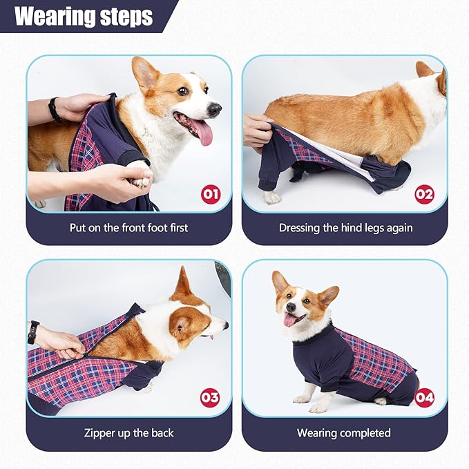 Dog Recovery Suit, Abdominal Wound After Surgery Wear, Anti Licking Bodysuit with Zipper, E-Collar & Cone Alternatives, Plaid Dog Spay Surgical Onesie Prevent Shedding(Small, Red)
