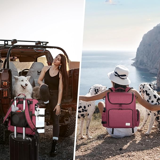 Modoker Dog Travel Bag Backpack, Airline Approved Pet Accessories Organizer for Dog and Cat with Shoulder Strap, 2 Dog Food Storage Containers, 2 Collapsible Dog Bowls,1 Pet Mat, Rose Red