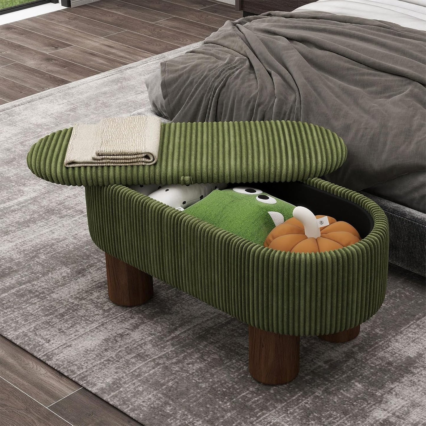 Bench with Storage 43 inch, Upholstered Corduroy Farbic Green Oval Footrest with Hidden Storage, Stool Modern Design Legs for Bedroom, Living Room, and Entryway Furniture Ottoman