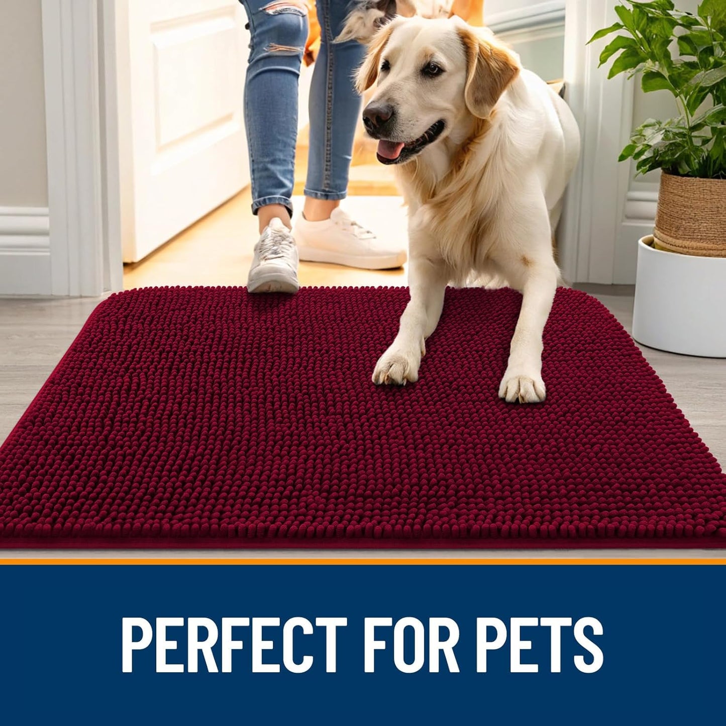 OLANLY Dog Door Mat for Muddy Paws 44x32, Absorbs Moisture and Dirt, Absorbent Non-Slip Washable Doormat, Quick Dry Chenille Mud Mat for Dogs, Entry Indoor Entryway Carpet for Inside Floor, Burgundy