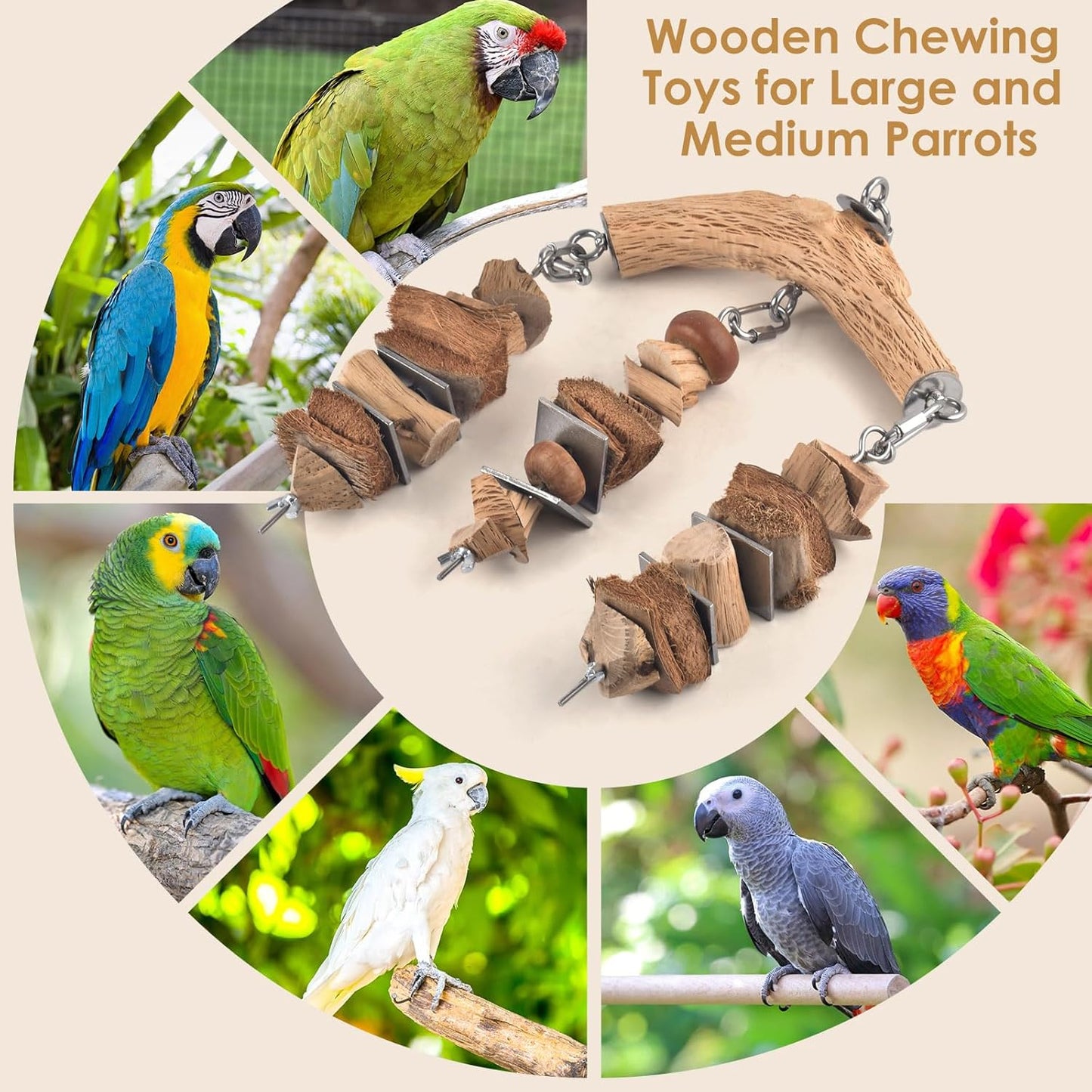 Bird Parrot Toys, Large Birds Wooden Chew Blocks with Stainless Steel Cage Hanging Bite Toy for Macaws, African Greys, Cokatoos, Amazon Parrots and Small Medium Parakeets