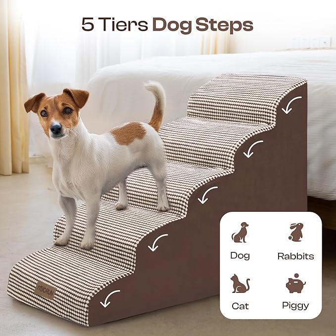 Curved Dog Stairs for High Bed Up to 26", 5-Step Dog Ramp for Small Dogs with Washable Cover, Non-Slip Steps for Cats to Get on Couch and Sofa, Durable Foam Ladder for Medium Breeds, White Coffee