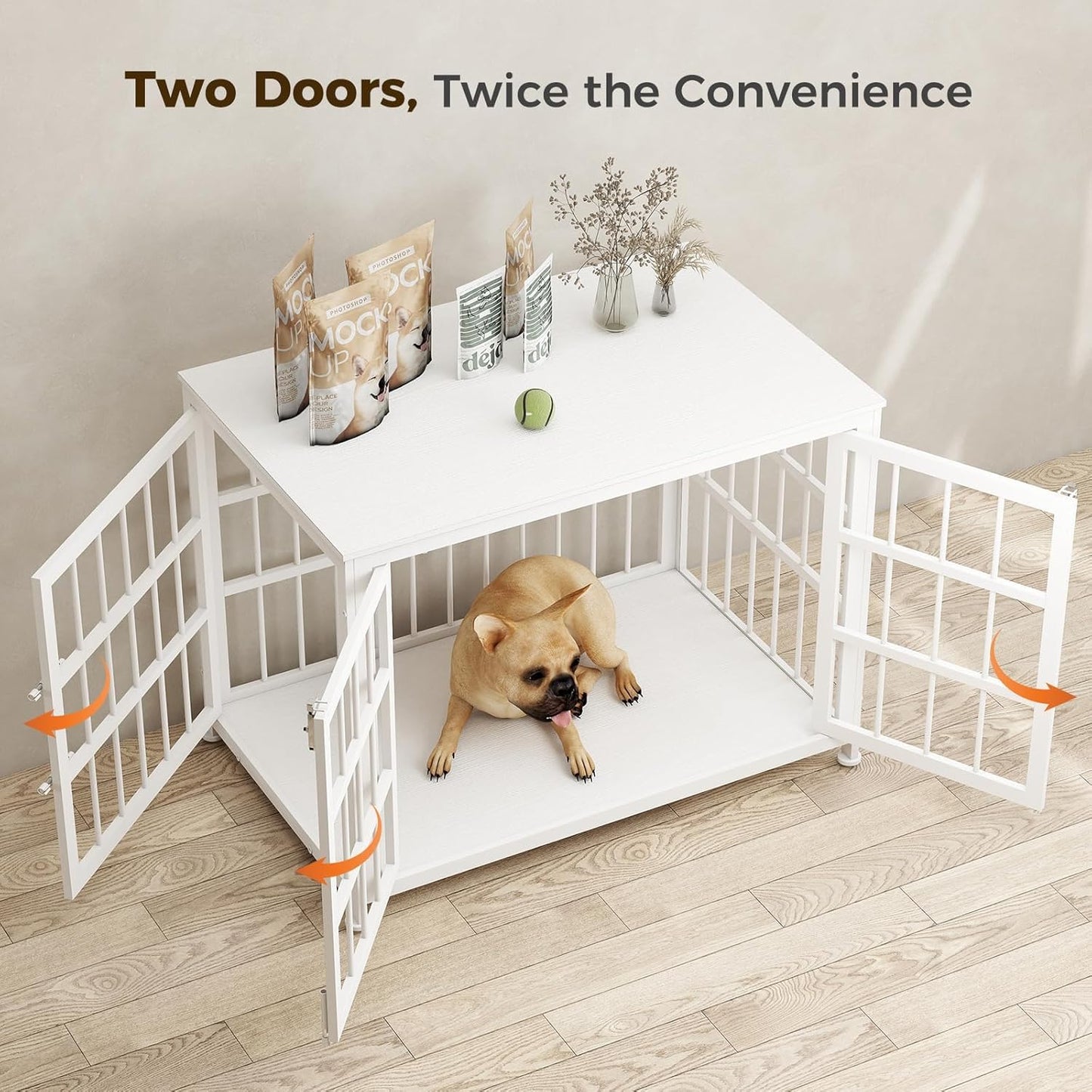 32 Inch Heavy Duty Wooden Dog Kennel End Table with Double Door Design and Secure Locks, Indoor Pet Crate Furniture for Medium Dogs, Decorative Home Cage Design,White