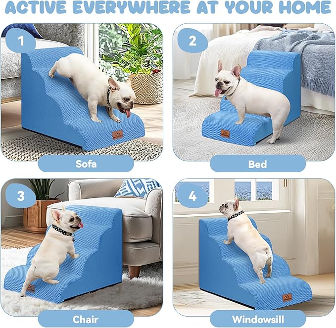 Dog Ramp and Stair for Bed 16" H-20 H,3-Step Cat Stair for Sofa and Chair,4-Step Dog Ramp for High Bed and Window,Durable Nonslip Fabric Cover for Indoor (Blue-20“H, Pet Friendly, 4)