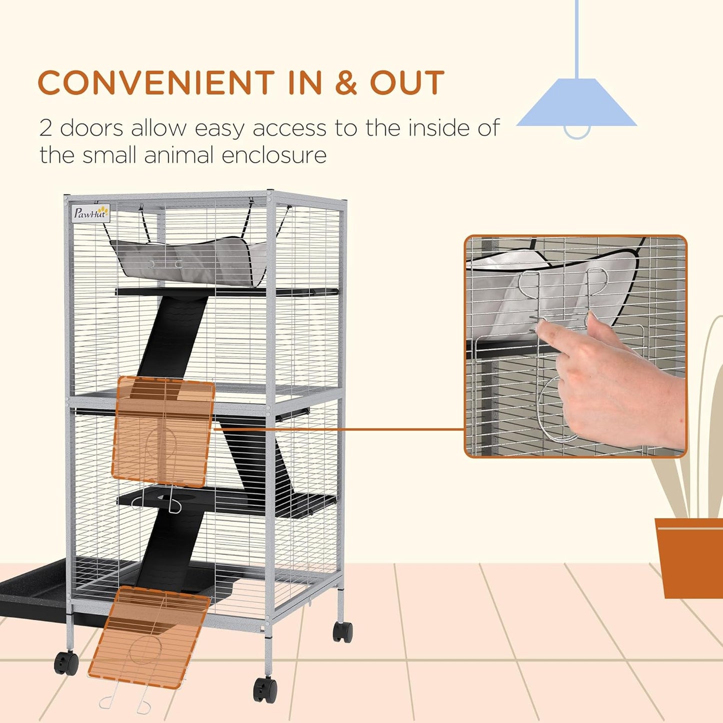 PawHut Metal Small Animal Cage, 4-Tiers Rolling Big Ferret Cage with Hammock, Removable Tray, for Chinchilla, Sugar Glider, White