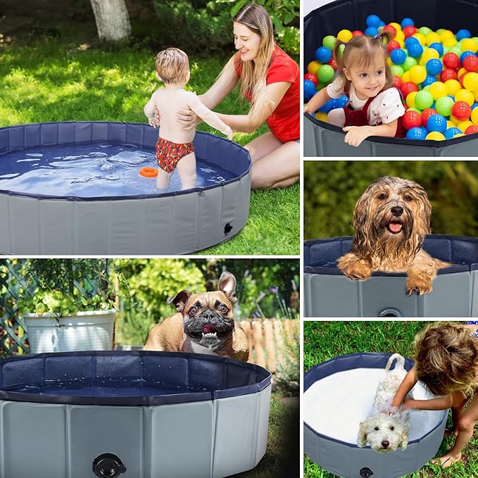 Foldable Dog Bath Swimming Pool Plastic Kiddie Pool Professional Tub Collapsible Grooming Bathtub for Pets Kids Baby and Toddler, 39.5 x 12 Inches Gray
