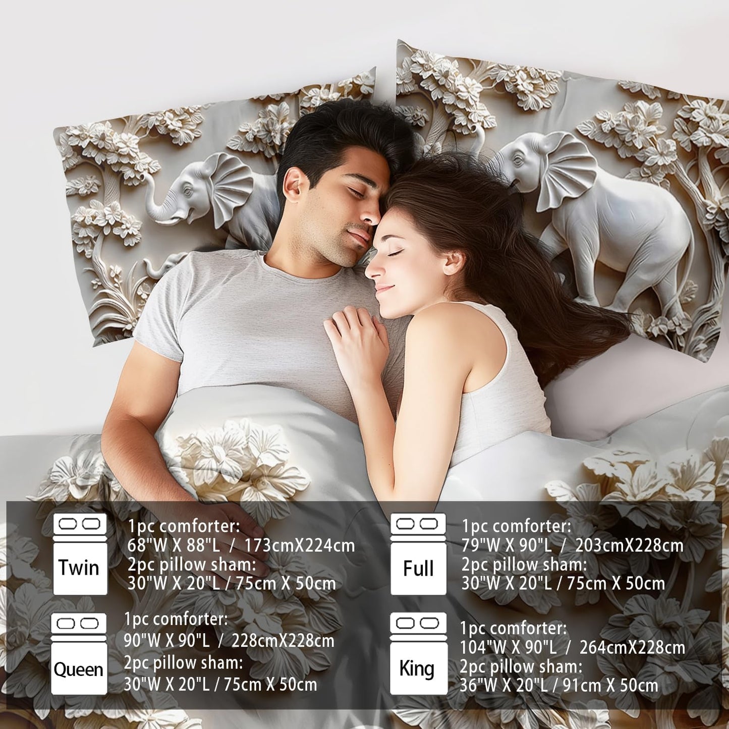 Elephant Comforter Set Queen Adult, White Animal Bedding Set Queen for Man, Cute Animal Comforter for Kids,Elephant Quilt Pattern White Bedroom Decor Womens, Relief Bedding