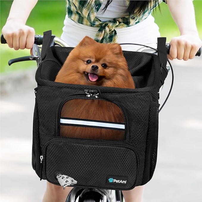 PetAmi Dog Bike Basket, Soft-Sided Ventilated Dog Bike Carrier Backpack, Pet Bicycle Basket for Bike Handlebar, Small Medium Puppy Cat Kitten Car Booster Seat with Safety Strap, Max 18 lbs, Black