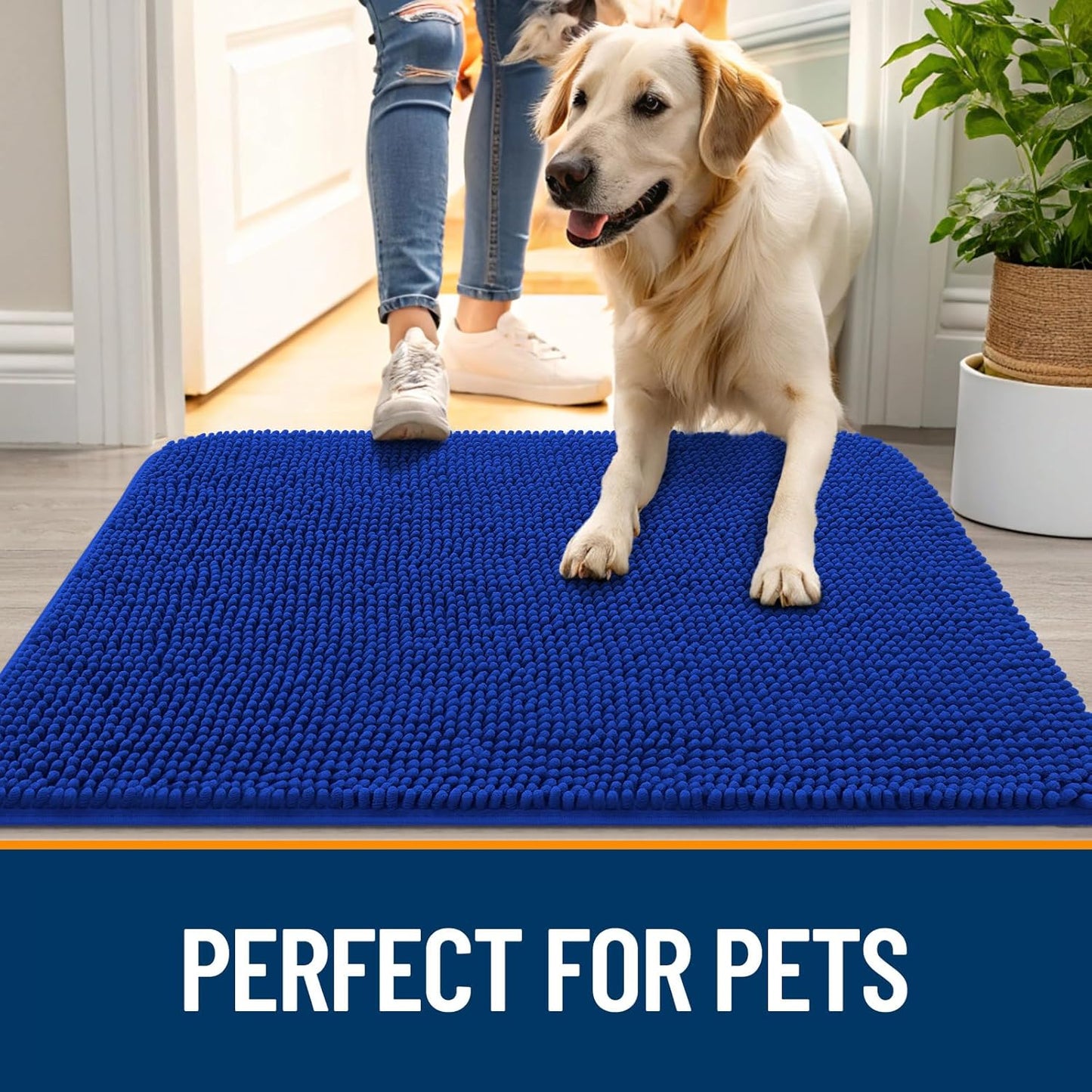 OLANLY Dog Door Mat for Muddy Paws 59x24, Absorbs Moisture and Dirt, Absorbent Non-Slip Washable Doormat, Quick Dry Chenille Mud Mat for Dogs, Entry Indoor Entryway Carpet for Inside Floor, Royal Blue