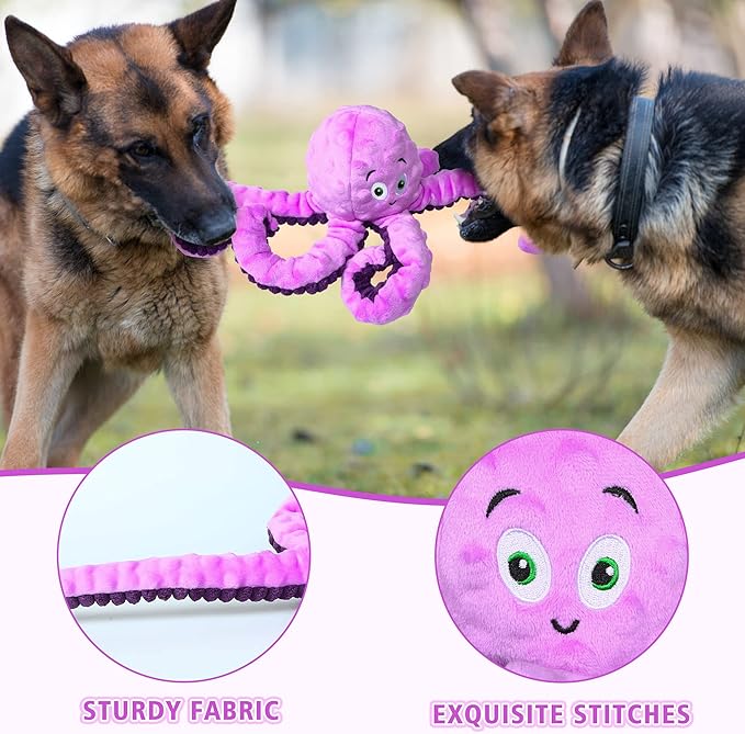Dog Squeaky Toys Octopus - Tough Plush Large Medium & Small Dog Toys - Stuffed Animals Puppy Toys - Funny Cute Dog Toy for Dog Birthday Presents (Octopus Purple)
