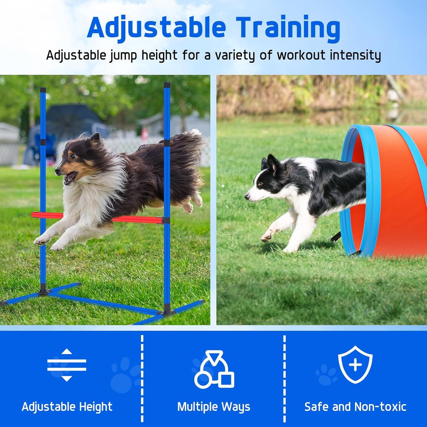 Dog Agility Equipment, Dog Agility Course Backyard Set Obstacle Course Backyard Includes Adjustable High Hurdle,6 Weave Poles,Extended Tunnel,Jump Ring,Square Pause Box,2 Balls,Whistle,2 Carrying Bags