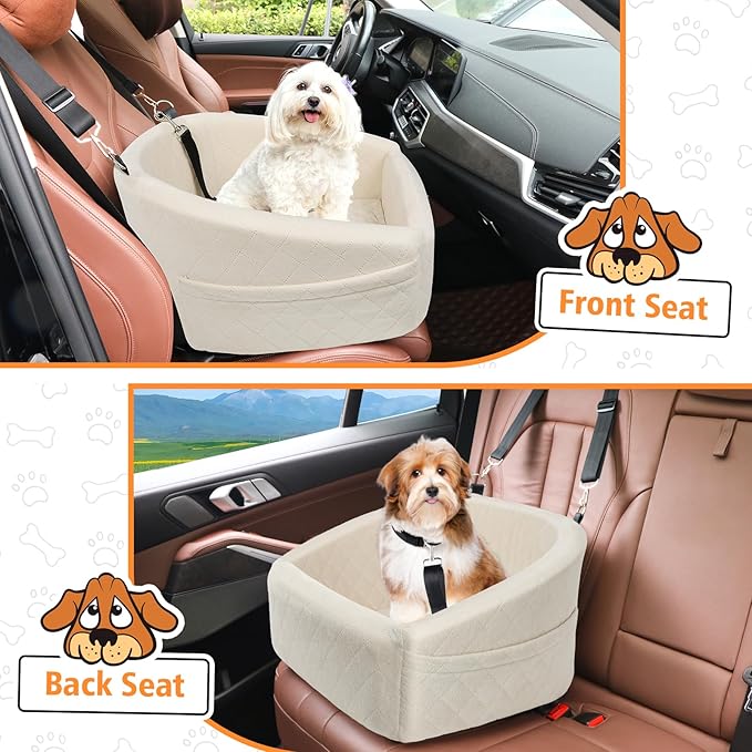 Dog Car Seat for Small Medium Dogs,Detachable Washable Dog Booster Seat Under 30lbs, Pet Car Seat Travel Bed with Storage Pockets and Dog Safety Belt (White)