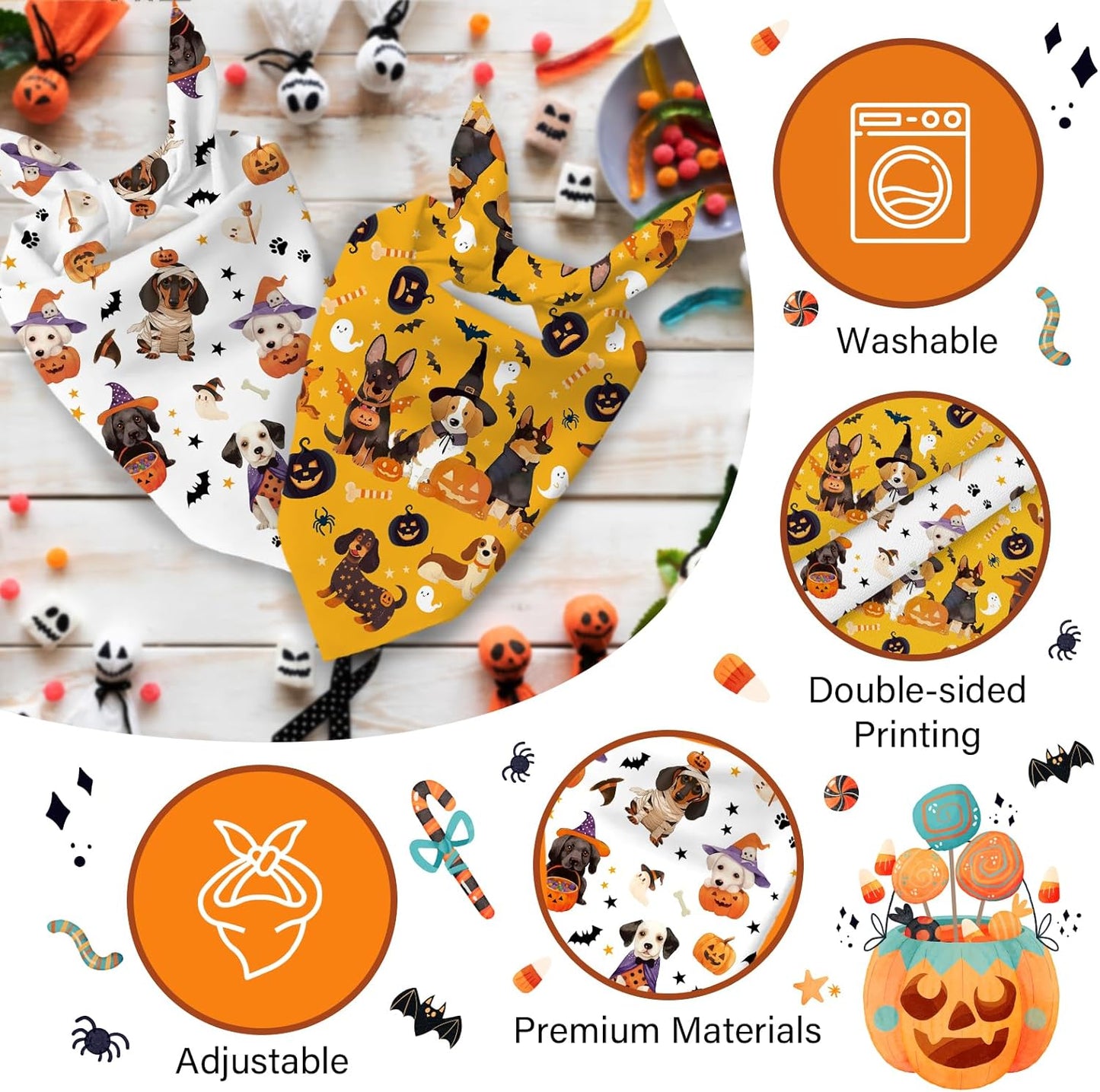Halloween Dog Bandanas 2 Pcs, Pet Scarf for Dog Girl Boy, Spooky Triangle Puppy Scarf Kerchief Bandana Pet Dogs On Halloween, Ghost Pumpkin Bat Print Gifts for Dogs Lovers (Medium)