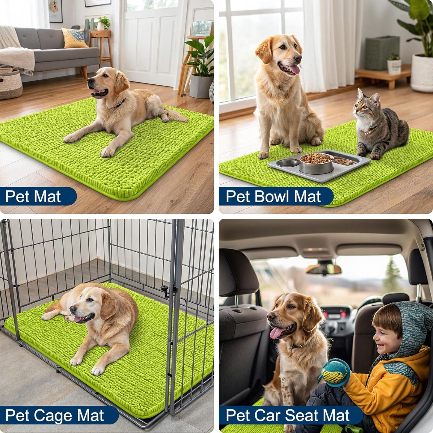 Smiry Dog Door Mat for Muddy Paws 30x20, Absorbs Moisture and Dirt Doormat, Non-Slip Washable Quick Dry Chenille Front Door Mat Indoor Entrance, Entryway Carpet for Inside Floor, Bright Green